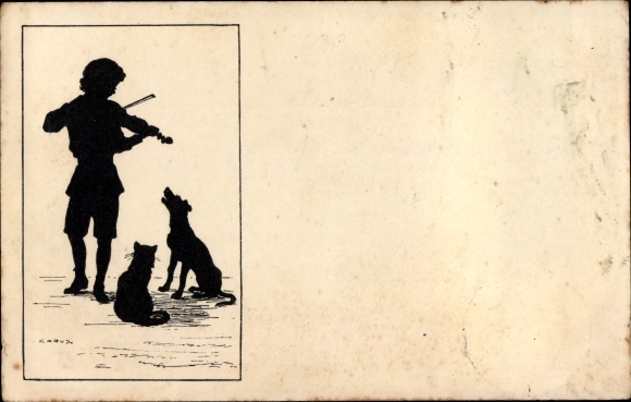 Artist Postcard Carus, boy plays violin, dog, cat