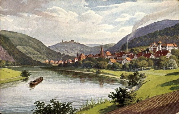 Ak Dilsberg Neckargemünd am Neckar, Aussicht auf  Dilsberg im Hintergrund, Fluss Sicht, Schiffe