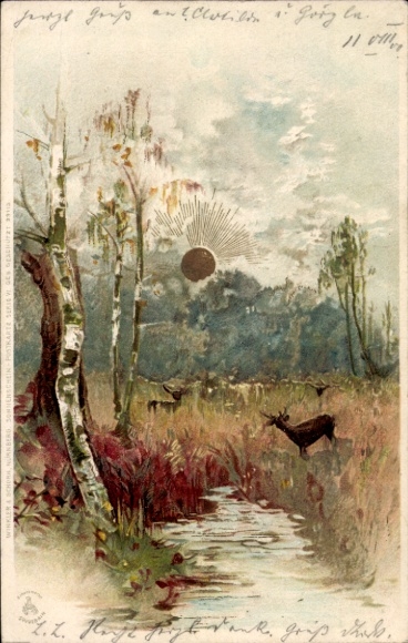 Künstler Ak Landschaft, Hirsche am Fluss