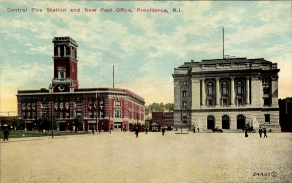 Ak Providence Rhode Island VS, centrale brandweerkazerne, nieuw postkantoor