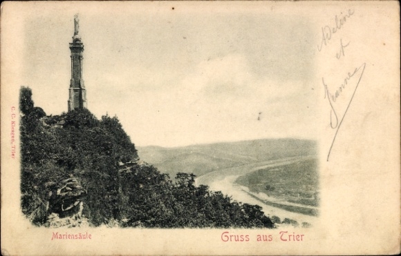 Ak Trier an der Mosel, Mariensäule, Flusslandschaft, Gruss aus  C. C. Klesgen