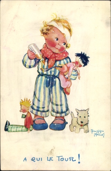 Artist PC Beatrice, M., A Qui le Tour, sick doll, child as a doctor, dog