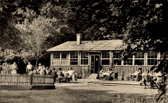 Postcard Frauenwald am Rennsteig Ilmenau in Thuringia, farmhouse, guests, terrace, trees, summer