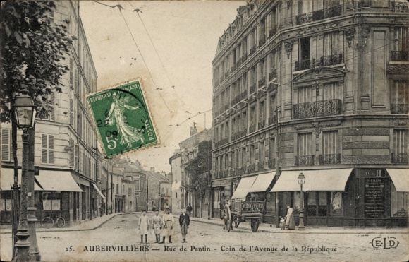 Ak Aubervilliers Seine Saint Denis, Straße mit Häusern, Pferdewagen, Briefmarke, Poststempel