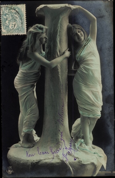Postcard Two women at a stylized tree, humanized plastic