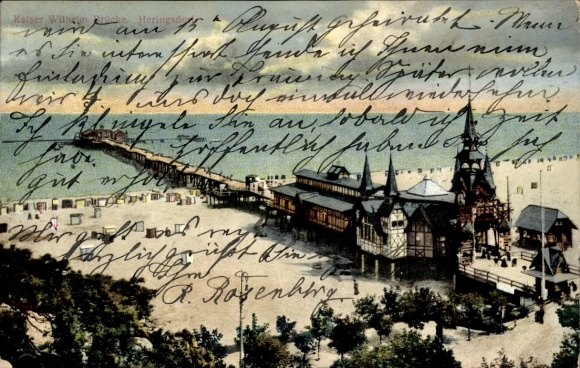 Postcard Ostseebad Heringsdorf on Usedom, Kaiser Wilhelm, beach, architecture, pier