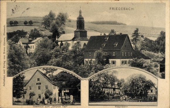 Ak Friedebach Krölpa Thüringen,  Gasthaus zum Grünen Tal, Kegelbahn, Kirche
