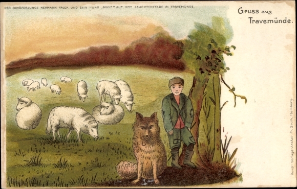 Litho Ostseebad Travemünde Lübeck, Schäferjunge Hermann Falck und Hund Greif, Leuchtenfeld