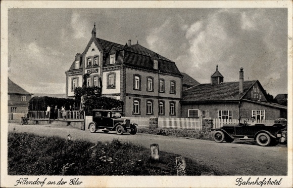 PC Allendorf an der Eder, street section with a view of the station hotel, O. Schäfer, automobiles