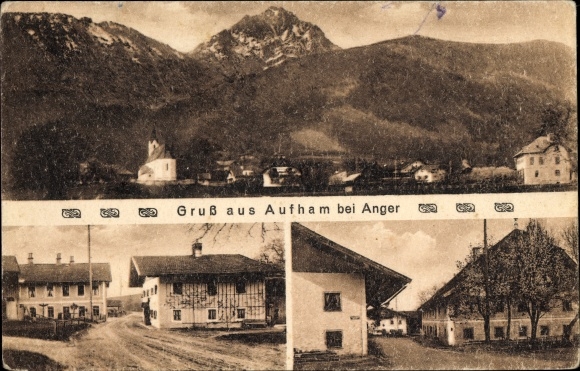 Postcard Aufham Anger in Upper Bavaria, panorama with mountains, church, street area, houses