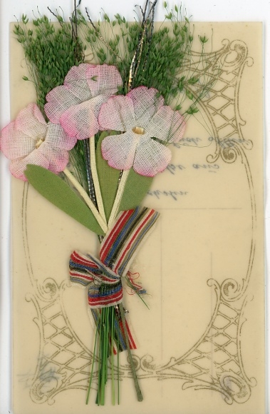 Celluloid Postcard flowers made of fabric, real plants