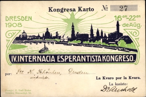 Postcard Dresden, IV. International Esperanto Congress 1908