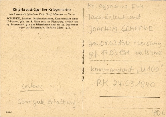 Artist Postcard Graf, Knight's Cross holder of the Kriegsmarine, Lieutenant Commander Joachim Schepke