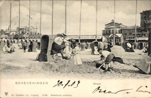 Postcard Scheveningen The Hague South Holland, beach, children building sandcastle