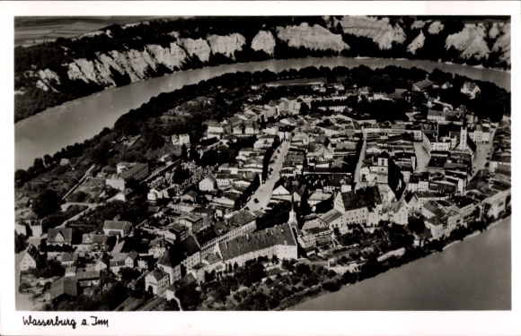 Postcard Wasserburg am Inn Upper Bavaria, aerial view of Wasserburg, river, old architecture, mountains