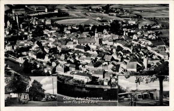 Postcard Cham in the Upper Palatinate, aerial photograph, steam saw and planing mill Andreas Ried