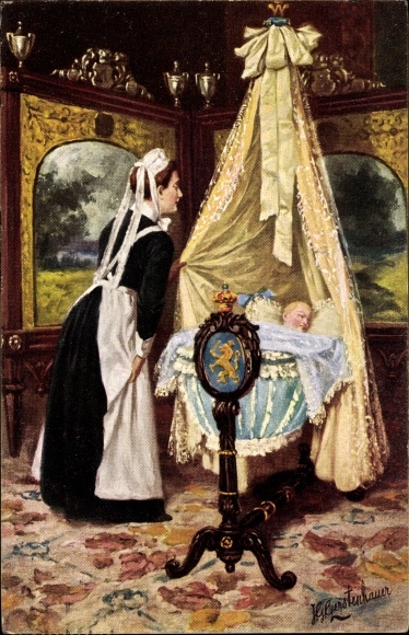Artist PC Gerstenhauer, Johann Georg, nanny looks at sleeping baby in the cradle