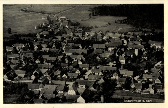 Postcard Bodersweier Kehl am Rhein, aerial view of Bodersweier, many roofs, rural surroundings