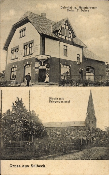 Postcard Sülbeck Nienstedt Lower Saxony, shop of Heinr. F. Dehne, church with war memorial