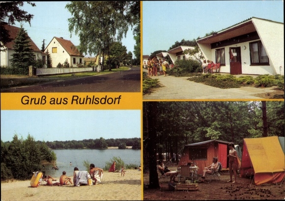 Postcard Ruhlsdorf Marienwerder Brandenburg, campsite E/48, beach at the gravel lake, bungalows