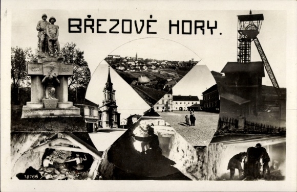 Ak Březové Hory Birkenberg Příbram Pibrans Mittelböhmen, Bergleute, Denkmal, Teilansichten