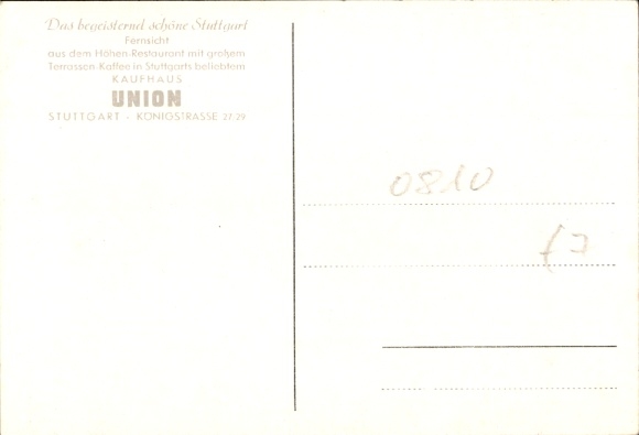 Postcard Stuttgart, Höhen-Restaurant in the Kaufhaus Union, Königstraße 27/29
