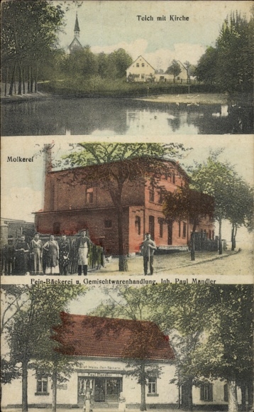 Ak Halle an der Saale, Molkerei, Teich mit Kirche, Bäckerei, Gemischtwarenhandlung Paul Mandler