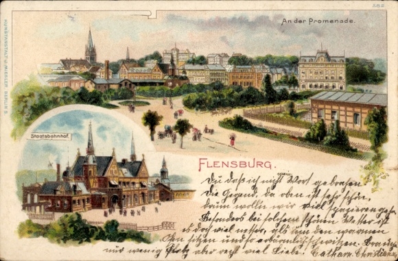 Litho Flensburg in Schleswig Holstein, Staatsbahnhof, Partie an der Promenade