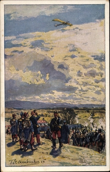 Kunstenaar ansichtkaart hoekbreker, T. van, bombardement van een Duitse duif, luchtvlootclub