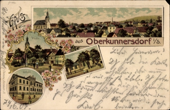 Litho Obercunnersdorf Kottmar in der Oberlausitz, Totale, Schule, Kirche
