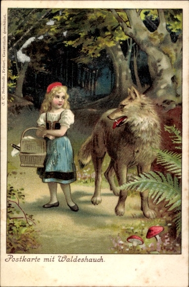 Künstler Litho Märchen, Gebrüder Grimm, Rotkäppchen und der Wolf, Postkarte mit Waldeshauch