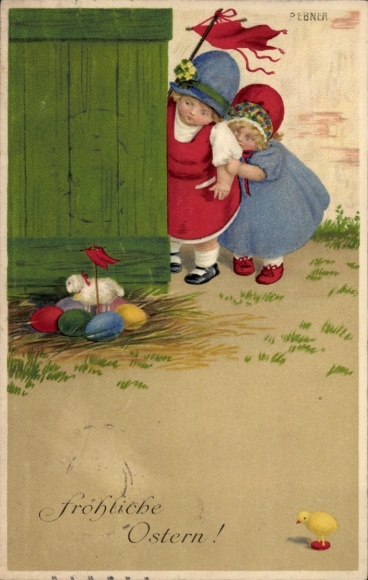 Künstler Ak Ebner, Pauli, Glückwunsch Ostern, Mädchen, Ostereier, Spielzeuglamm