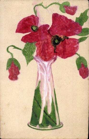 Hand painted Postcard poppies in a flower vase
