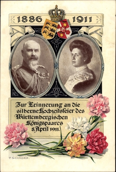 PC King Wilhelm II of Württemberg, Marie zu Waldeck and Pyrmont, silver wedding 1911, coat of arms