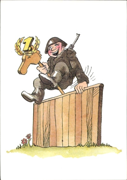 Artist Postcard Muzeniek, Peter, NVA, soldier on hobby horse jumping over obstacles, winner's wreath