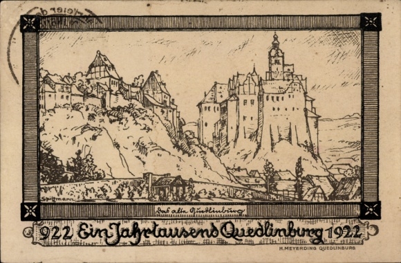 PC Quedlinburg in the Harz Mountains, historical building, city view, drawing, stamp, millennium celebration