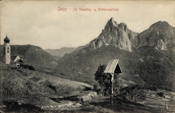 Postcard Siusi allo Sciliar Seiss am Schlern Kastelruth South Tyrol, mountain landscape, St. Valentin, Schlern