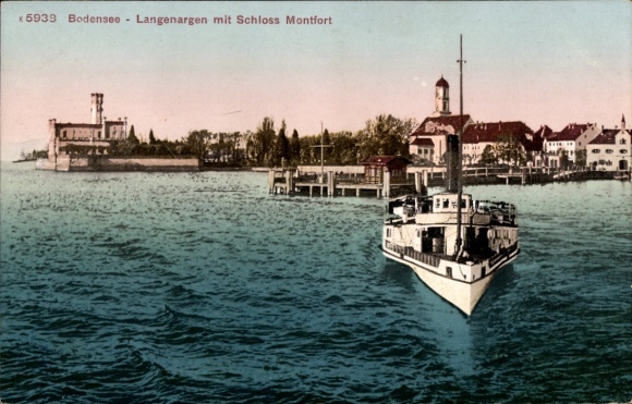 Postcard Langenargen on Lake Constance, Montfort Castle, steamer