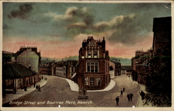 KP Hawick Szkocja, widok na miasto, Bridge Street, Bourtree Place, architektura