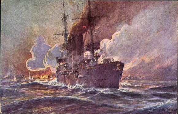Artist PC Stöwer, Willy, SMS Emden fires at Madras, cruiser, Imperial Navy, I. WW