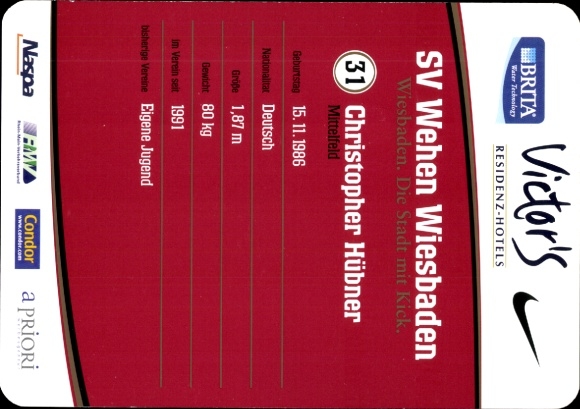 Autograph card footballer Christopher Hübner, SV Wehen Wiesbaden, autograph