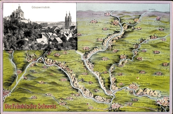 Postcard Gössweinstein Gößweinstein in Upper Franconia, with landscape map, Gossenstein picture top left