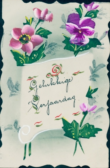Celluloid Postcard Lila Blumen, kitsch