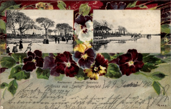 Passepartout Postcard Hamburg Wandsbek Bramfeld, Restarant Seehof, pansies
