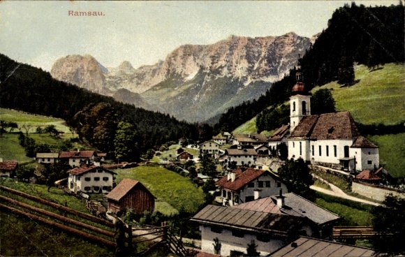Postcard Ramsau in Berchtesgadener Land Upper Bavaria, panorama of the village, church, mountains