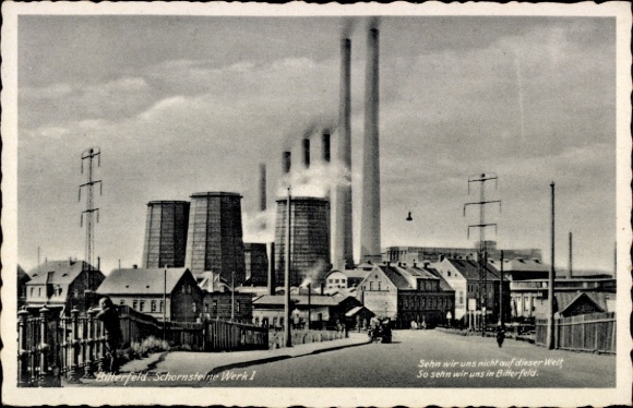 Postcard Bitterfeld in Saxony Anhalt, view of industry, chimneys, clouds,