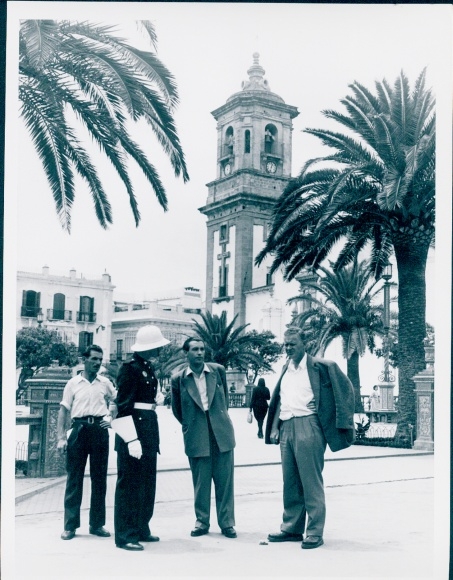 Photo film scene Barcelona, policeman, men, church tower, Germany 1952, Jordan J. von Boyadjieff