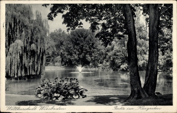 Ak Wiesbaden in Hessen, Parklandschaft, Teich mit Fontäne, Bäume, Blumenbeet