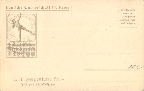 Coat of arms artist Postcard Dresden, 4th Saxon District Gymnastics Festival 1921, city view from the Waldschlösschen