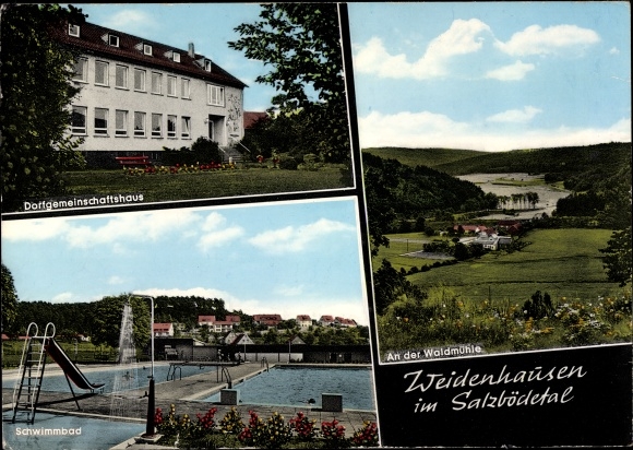 Postcard Weidenhausen in the Salzbödetal Gladenbach Hessen, village community center, swimming pool, forest mill